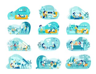 Domestic Recreation Flat Vector Illustrations Set