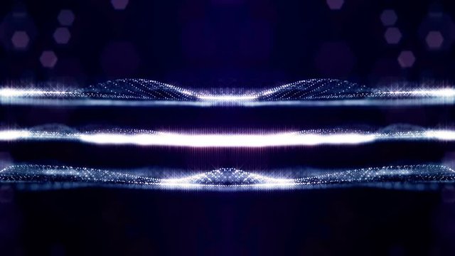 looped blue animated abstract sci-fi background with wavy glow particles like micro world, cosmic space or digital big data, blockchain, point nodes connection. 3 layers, three surfaces