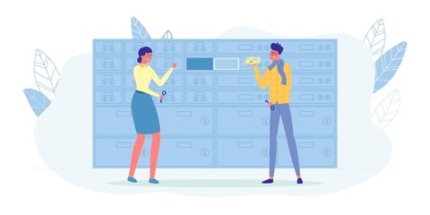 Woman Clerk Opening Security Box for Client Money.