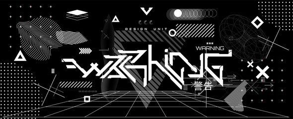 Digital abstract shapes. Cyberpunk VR elements. Black and white glitch generative art background. Technology text and geometric elements. Ai, HUD elements. Futuristic lettering. Vector elements set