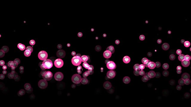 pink love emoticons flying animation.social media motion on a mirror surface against black background.