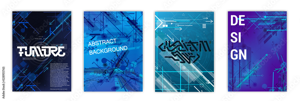 Poster Modern tech posters set with arrows and abstract element. Template technology cover with stripes motion and dynamics arrows. Hi-tech flyers with many elements, very detailed design. Vector posters