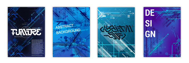 Modern tech posters set with arrows and abstract element. Template technology cover with stripes motion and dynamics arrows. Hi-tech flyers with many elements, very detailed design. Vector posters