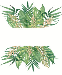 watercolor tropical leaves frame. modern wedding invitation card, save the date, green foliage wreath, beach palm leaves set, DIY, Scrapbook clipart, monstera leaf, boho style