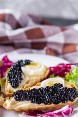 delicious snack tartlets on dark stone background