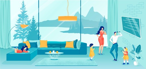 Family Members Singing in Karaoke on TV Vector.