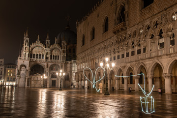 Writing with Light in front of the Illuminated Doge Palace on the Marks Square at Night,...