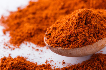 aromatic spicy chili powder on a white background