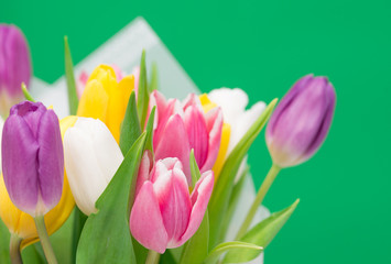 Bouquet of colored tulips on green background. spring bouquet. copy space