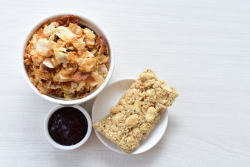 soja, coconut, peanuts, honey, flakes, granola, delicious, oat, vegan, ingredient, seed, cereal, sweet, nutrition, snack, natural, organic, healthy, grain, food, muesli