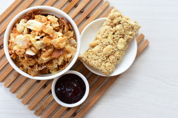 soja, coconut, peanuts, honey, flakes, granola, delicious, oat, vegan, ingredient, seed, cereal, sweet, nutrition, snack, natural, organic, healthy, grain, food, muesli