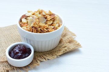 soja, coconut, peanuts, honey, flakes, granola, delicious, oat, vegan, ingredient, seed, cereal, sweet, nutrition, snack, natural, organic, healthy, grain, food, muesli