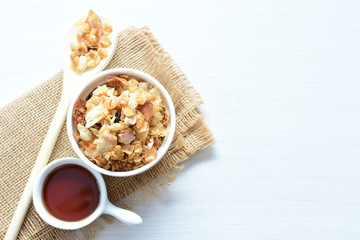 soja, coconut, peanuts, honey, flakes, granola, delicious, oat, vegan, ingredient, seed, cereal, sweet, nutrition, snack, natural, organic, healthy, grain, food, muesli