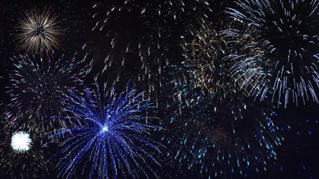 Colorful fireworks in night blue sky. Seamlessly loop 4K 50 fps realistic animation. Beautiful holiday pyrotechnic show.