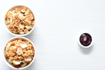 soja, coconut, peanuts, honey, flakes, granola, delicious, oat, vegan, ingredient, seed, cereal, sweet, nutrition, snack, natural, organic, healthy, grain, food, muesli