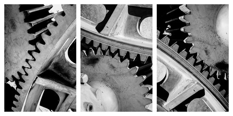 Triptych showing interlocking cog wheels - obrazy, fototapety, plakaty