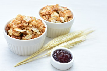 soja, coconut, peanuts, honey, flakes, granola, delicious, oat, vegan, ingredient, seed, cereal, sweet, nutrition, snack, natural, organic, healthy, grain, food, muesli