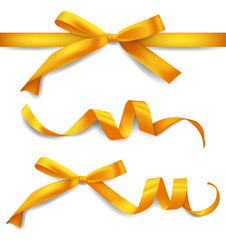 Set of realistic golden ribbons with bows, decoration for gift boxes, design element