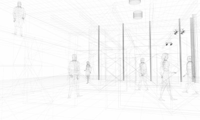 People in an office, wireframe technique, original 3d rendering