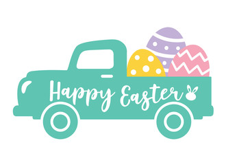 Vector illustration of a cute vintage truck carrying Easter eggs.