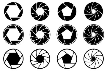 Set photo camera lens diaphragm. Photo lenses aperture, cameras shutter silhouette icon and shutter apertures pictogram. Lomography film lens or snap optics objective lenses - stock vector