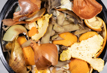 Organic biological kitchen waste, compostable food scraps, rotten food and leftovers from cooking, prepared for composting, Onion peel, Potato peel, Carrot husks, Orange peel