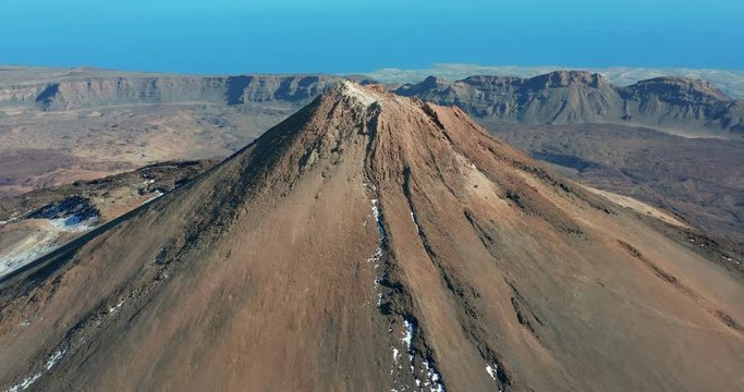 Aerial view Teide volcano, Tenerife, Canary islands, Spain. Flight over volcanic top.