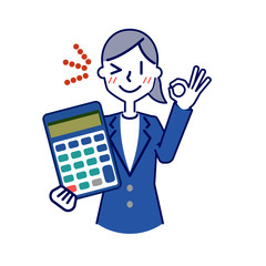 電卓を持ってOKする女性の上半身