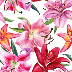 Obraz na płótnie Canvas Watercolor seamless pattern with lily, red, pink, yellow, orange lilly flowers, botanical drawing. Stock illustration. Fabric wallpaper print texture.