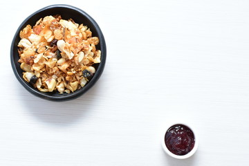 peanuts, soya, coconut, honey, flakes, granola, seeds, nutrition, nuts, grain, vegetarian, oatmeal, fruit, sweet, meal, snack, organic, food, cereal, healthy, breakfast