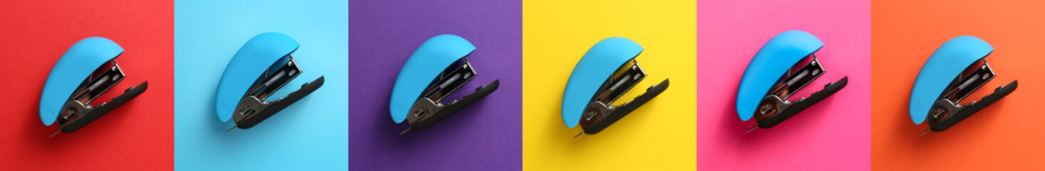 Many office staplers on colorful background - obrazy, fototapety, plakaty