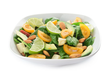 Bowl with tasty salad on white background