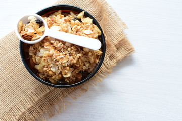 peanuts, soya, coconut, honey, flakes, granola, seeds, nutrition, nuts, grain, vegetarian, oatmeal, fruit, sweet, meal, snack, organic, food, cereal, healthy, breakfast