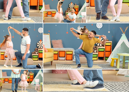 Set of father and his little daughter dancing at home