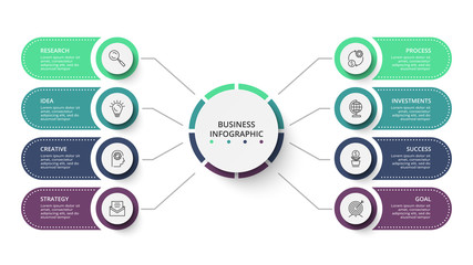 Business data visualization. Process chart. Elements of graph, diagram with 8 steps, options, parts or processes