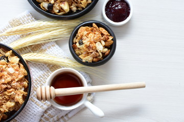 peanuts, soya, coconut, honey, flakes, granola, seeds, nutrition, nuts, grain, vegetarian, oatmeal, fruit, sweet, meal, snack, organic, food, cereal, healthy, breakfast