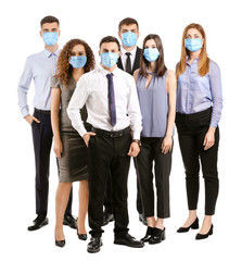 Fototapeta na wymiar Business people with protective masks on white background. Concept of epidemic