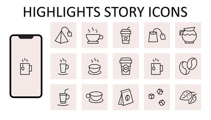 Set of Coffee and Tea Vector Line Icons. Contains such Icons as Cup of Tea, Teabags, Coffee beans and Green Tea Leaves, a pitcher of Water, Sugar Cubes and more. Editable Stroke. 32x32 Pixels