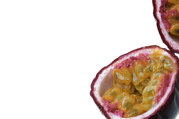 Passion fruit or maracuja (Passiflora Edulis) isolated on a white background with copy space