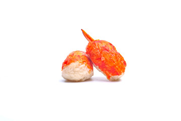 Artificial crab meatballs on a white background