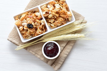 peanuts, soya, coconut, honey, flakes, granola, seeds, nutrition, nuts, grain, vegetarian, oatmeal, fruit, sweet, meal, snack, organic, food, cereal, healthy, breakfast
