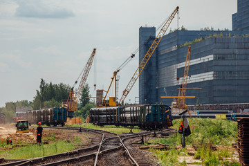 Freight trains with cargo on railroad junction