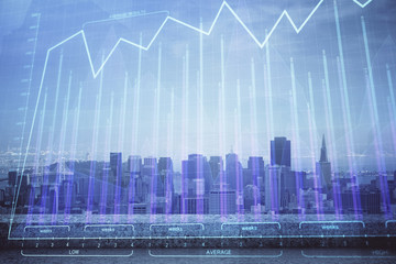 Naklejka na ściany i meble Forex graph on city view with skyscrapers background multi exposure. Financial analysis concept.