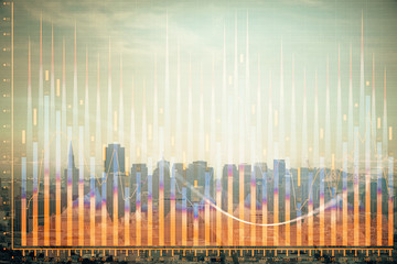 Forex graph on city view with skyscrapers background multi exposure. Financial analysis concept.