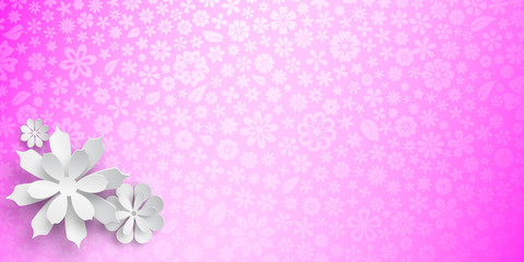 Background with floral texture in purple colors and several big white paper flowers with soft shadows
