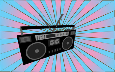 Retro old antique music audio recorder from the 70s, 80s, 90s, 2000s against a background of abstract blue and pink rays. Vector illustration