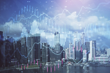 Fototapeta na wymiar Forex chart on cityscape with skyscrapers wallpaper multi exposure. Financial research concept.