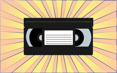 Retro old antique video cassette from the 70s, 80s, 90s, 2000s against a background of abstract yellow rays. Vector illustration