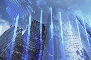 Forex chart on cityscape with skyscrapers wallpaper multi exposure. Financial research concept.