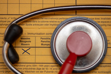 Leipzig, Germany, 03-08-2020 a stethoscope on a vaccination card. 